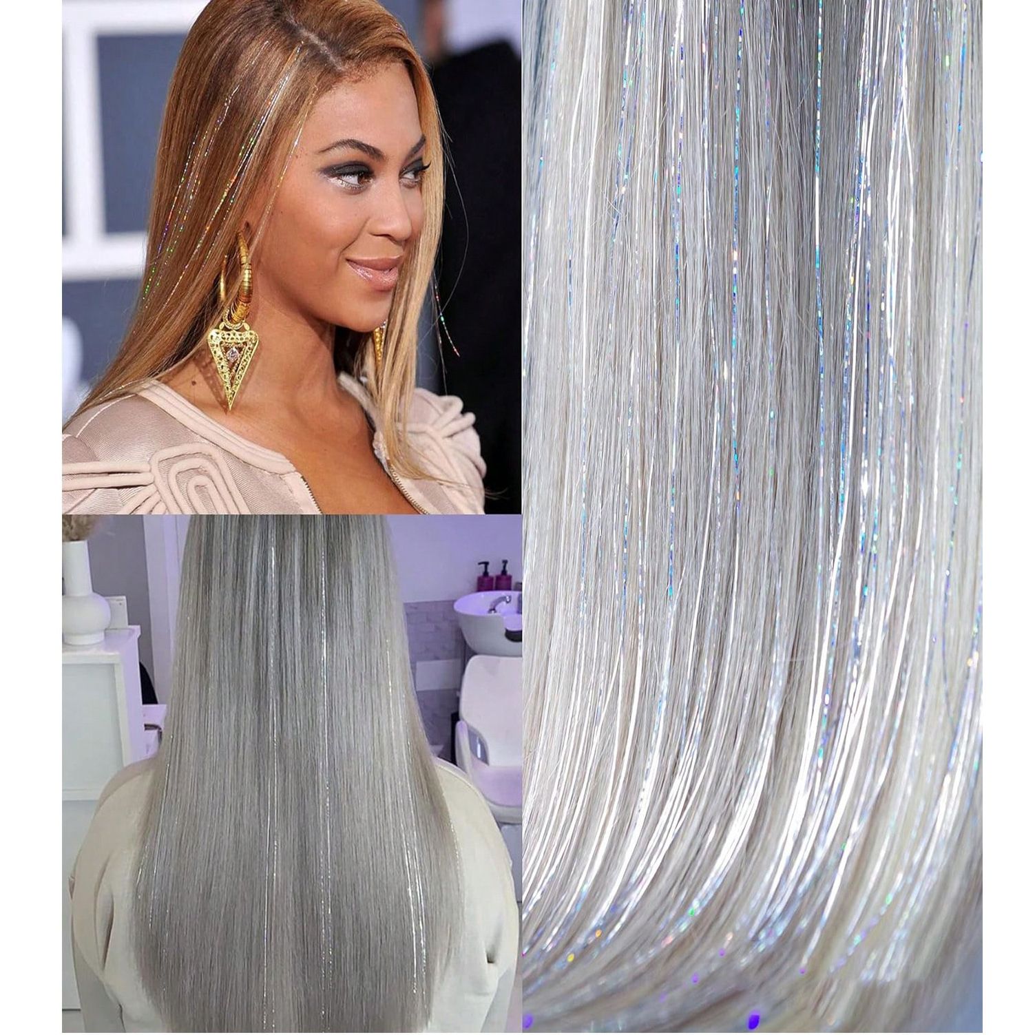 12Pcs Hair Tinsel Clip In 20Inch Fashion Glitter Tinsel Synthetic Straight Hair Extensions Clip In Hair Tinsel Kit Heat Resistant Shiny Sparkle Fairy Hair — image 5