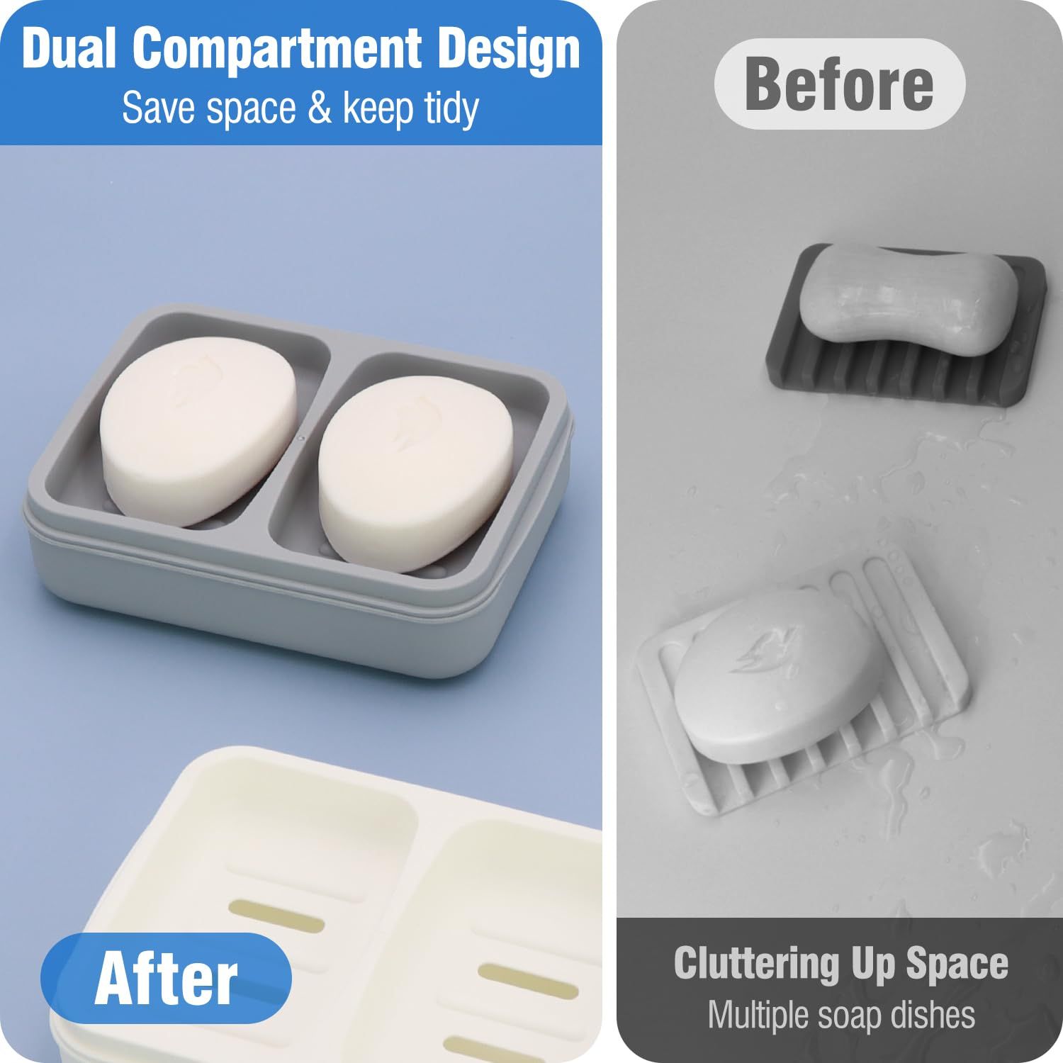 Double Soap Dish, Dual Compartment Soap Holder, Bar Shampoo Holder with Drainage Layer, Soap Tray for Bathroom, Shower, (1pc, Gray) โ image 2
