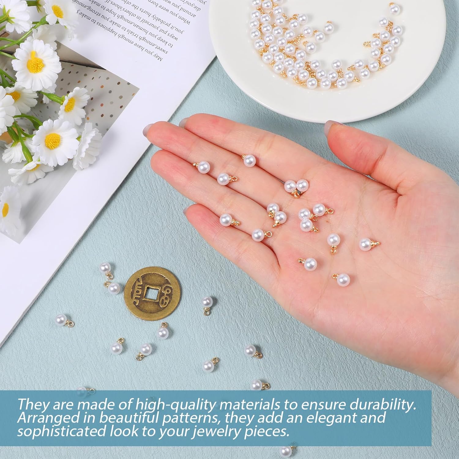 Vin Beauty Pearl Charms, 100 Pcs Pearl Charms for Jewelry Making, Pearls Beads Faux Pearls Pendant Charm DIY for Jewelry Making Bracelets Earrings Necklace โ image 2