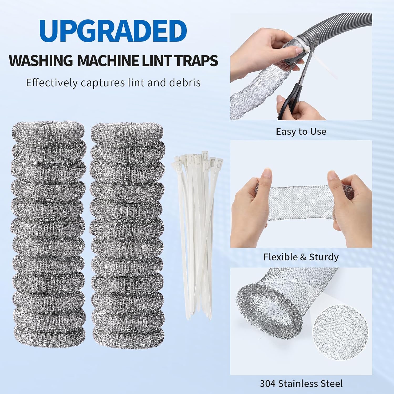 40 Pieces Lint Traps Stainless Steel Washing Machine Lint Snare Traps Laundry Mesh Washer Hose Filter with 40 Pcs Cable Ties — image 2