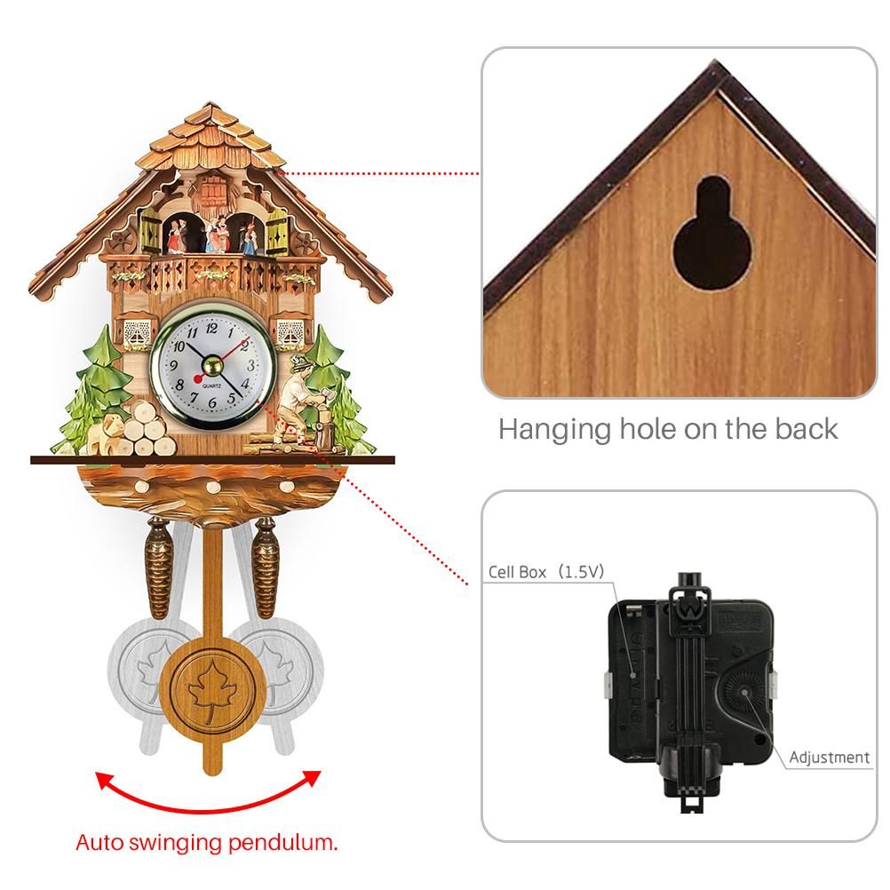 Cuckoo Clock Antique Wooden Cuckoo Birdhouse Wall Clock Home Decor Hanging Cuckoo Clock Auto Swing Bell Pendulum Home Decor — image 3