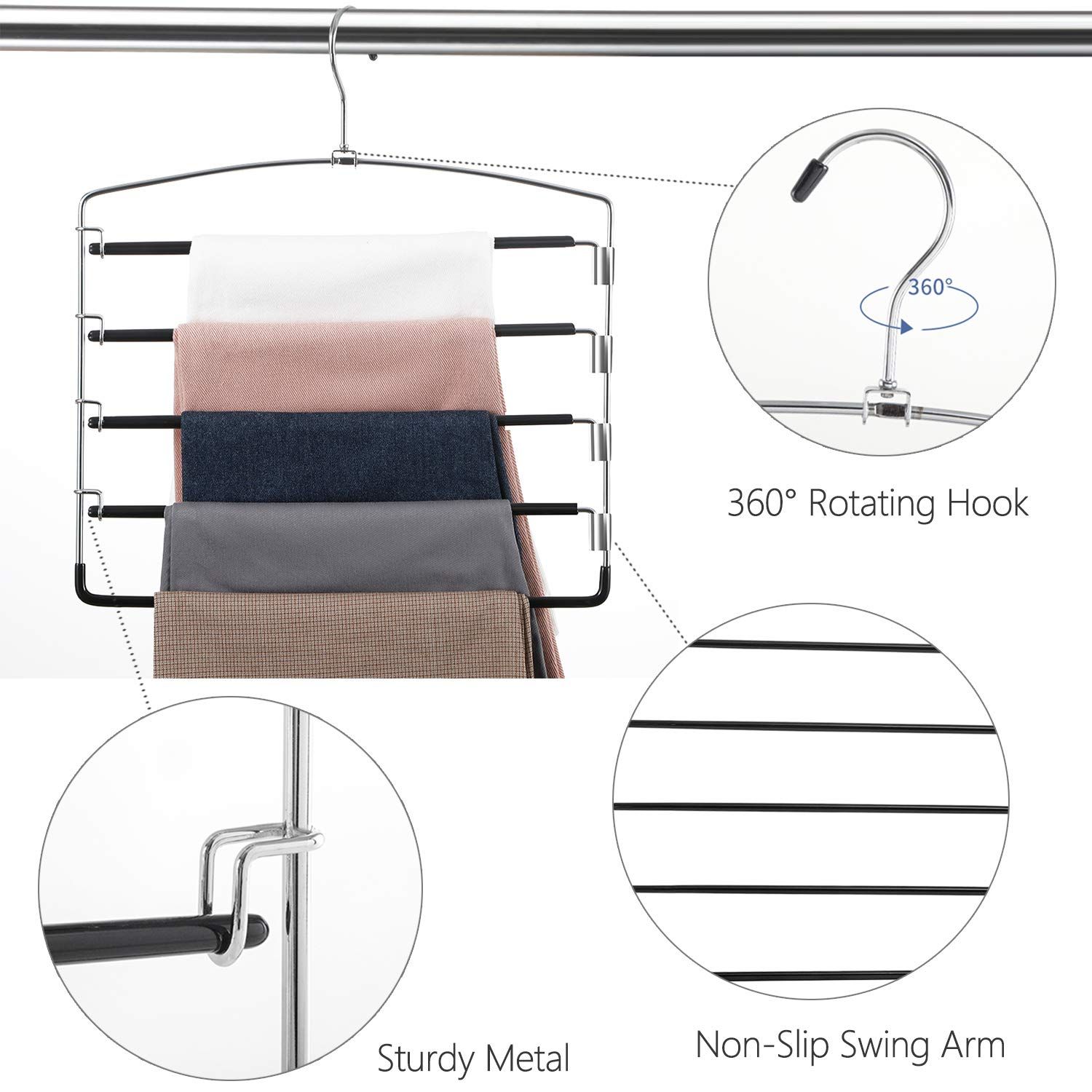 Pants Hangers Non Slip 3 Pack Space Saving Hangers Multi-Layer Swing Arm Pants Hanger Stainless Steel Space Saver Hanger Closet Storage Organizer for Jeans — image 4