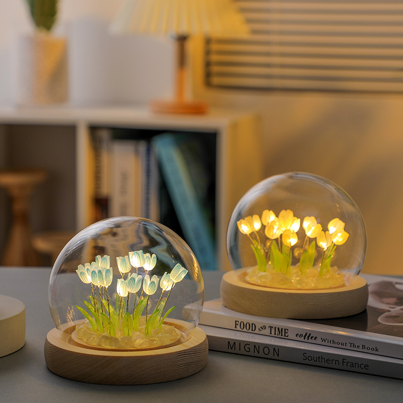 (Ten Blue Tulips) Glowing Tulip Dome Lamp - Wooden Base, Bedside Table Decoration — image 2