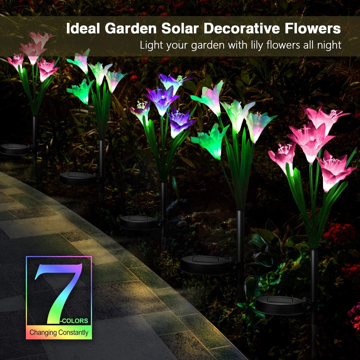 Outdoor Solar Lights, 4 Pack Solar Garden Lights with Bigger Lily Flowers, Waterproof 7 Color Changing Solar Lights Outdoor — image 2