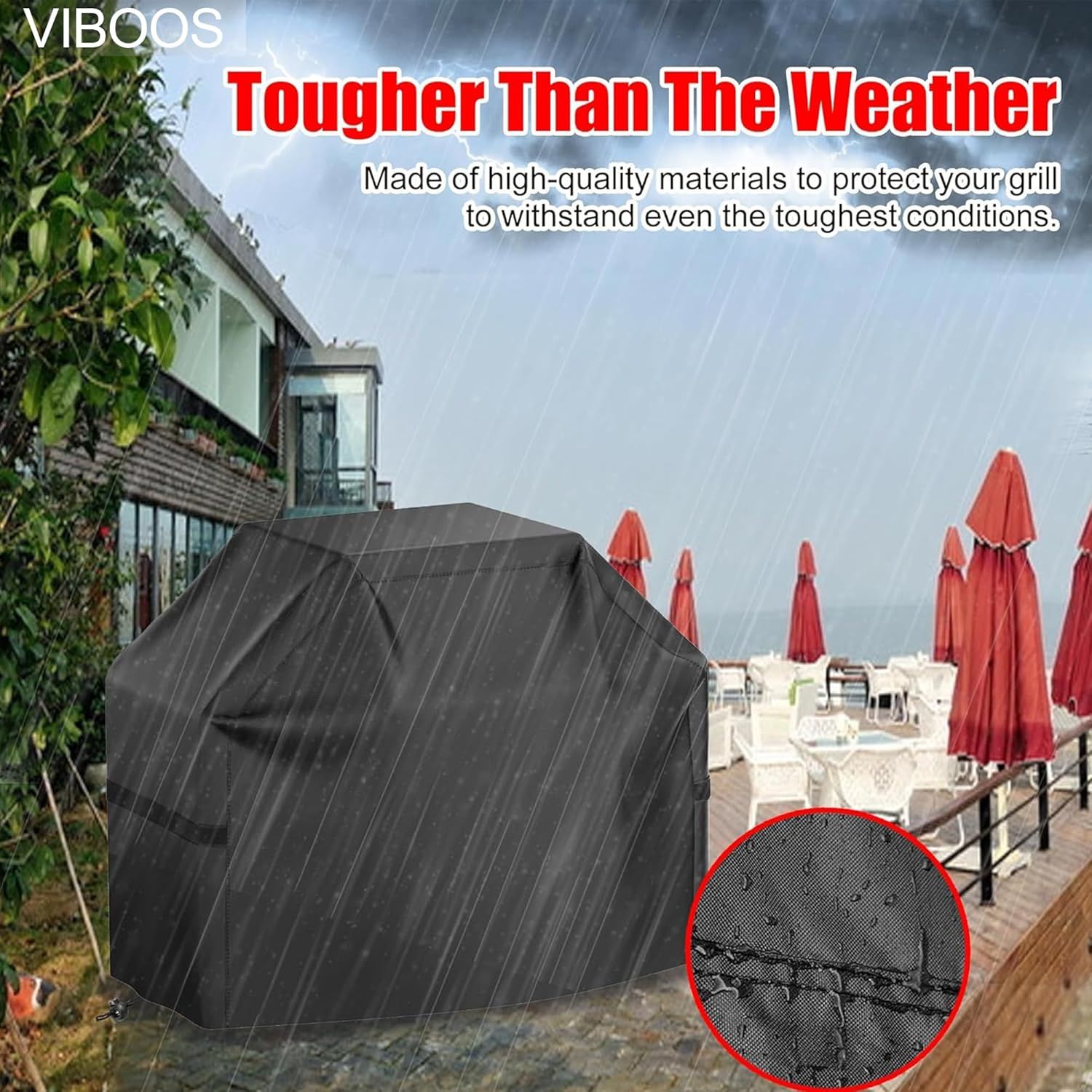 Waterproof BBQ Grill Cover for Outdoor Gas Grills, Rip-Resistant UV-Resistant Barbecue Cover with Adjustable Hem and Straps, Black, 147 cm — image 5