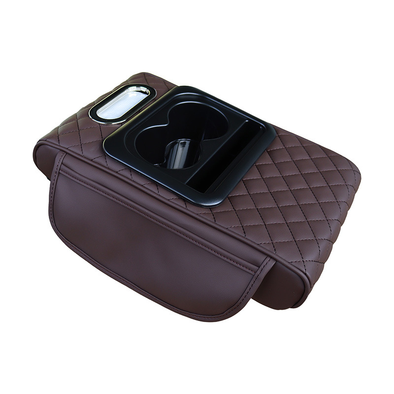 GT-6 Embroidery Coffee,Multifunctional Car Armrest Storage Box Cushion - Universal Fit with Cup Holder and Tissue Dispenser