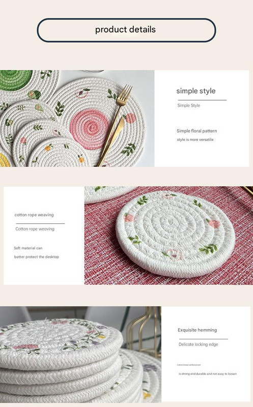 (Flowers) Cotton Rope Woven Placemats - Set of 3, 30cm Diameter Heat Resistant Kitchen Decor — image 2