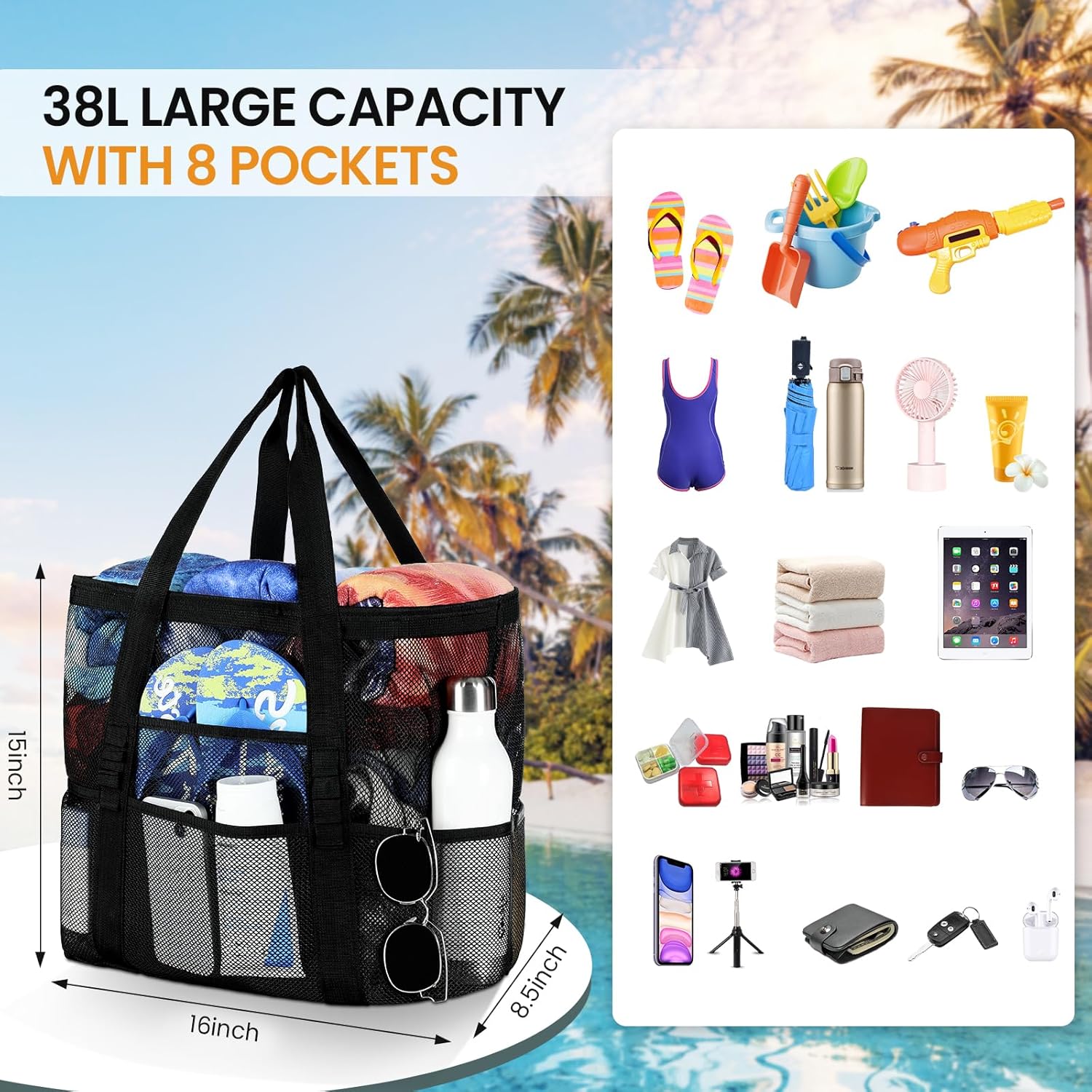 Mesh Beach Bag - Large Beach Tote with Multi Functional Pockets for Family Travel/Vacation — image 3