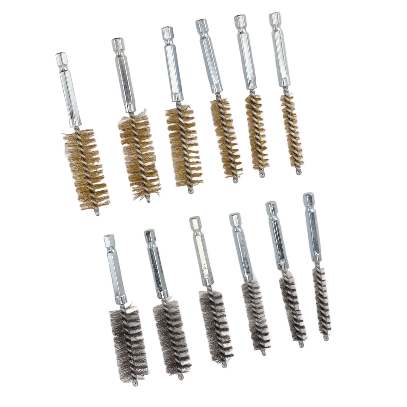 12PCS Bore Brush Copper and Iron 304 Stainless Steel Bristles Wire Brush for Power Drill with Hex Shank Handle — image 2