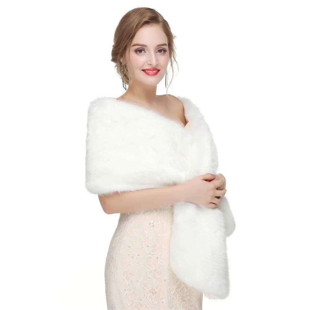 White Faux Fur Scarf Shawl for Women, Warm Large Long, with Faux Fur Trim, for Party Wedding Evening Dress Winter — image 2
