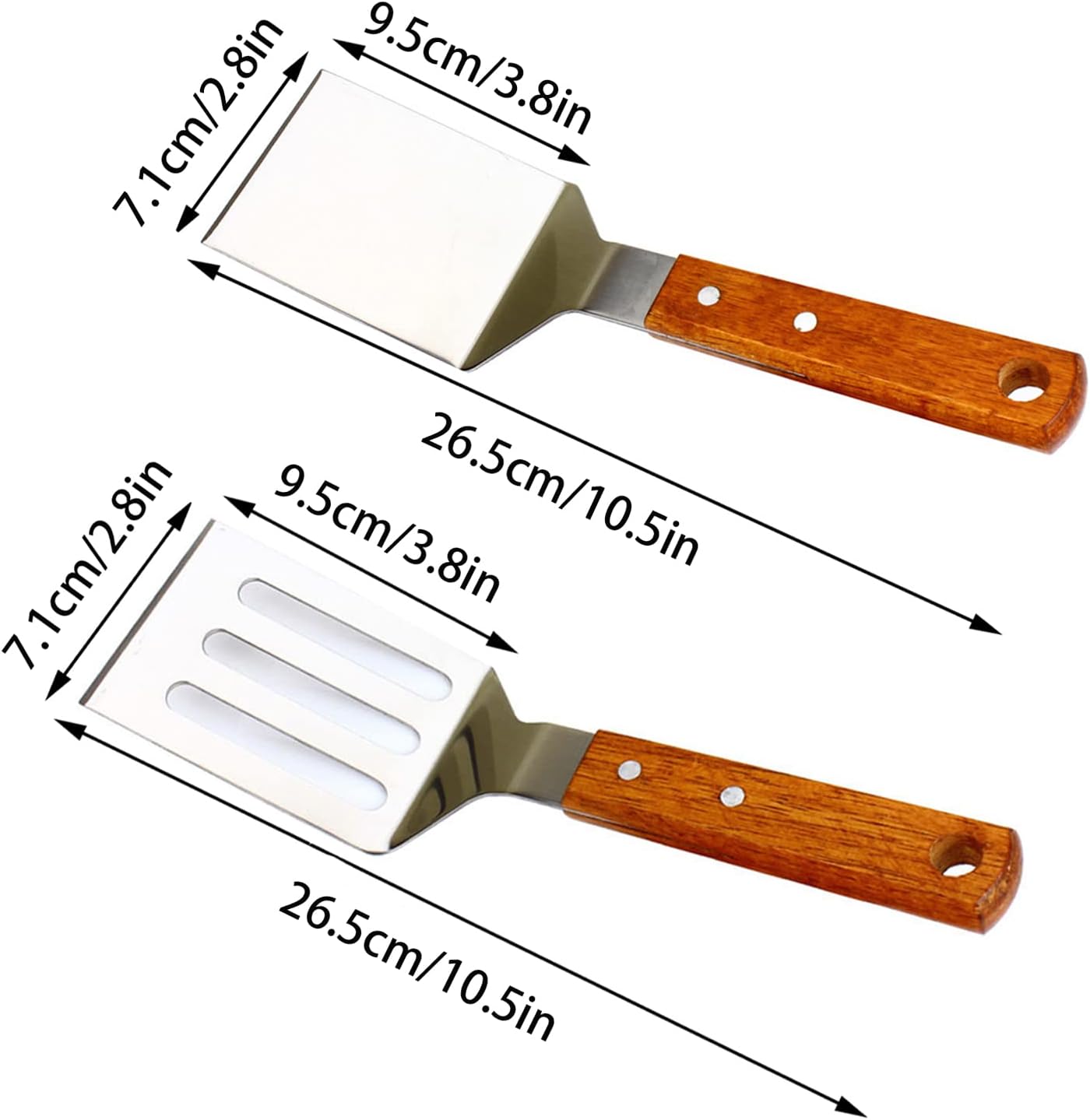 2 PCS Metal Spatula for Cast Iron Skillet, Stainless Steel Grill Spatula Slotted Turner Fish with Wood Handle Flat Top Griddle for Cooking BBQ — image 5