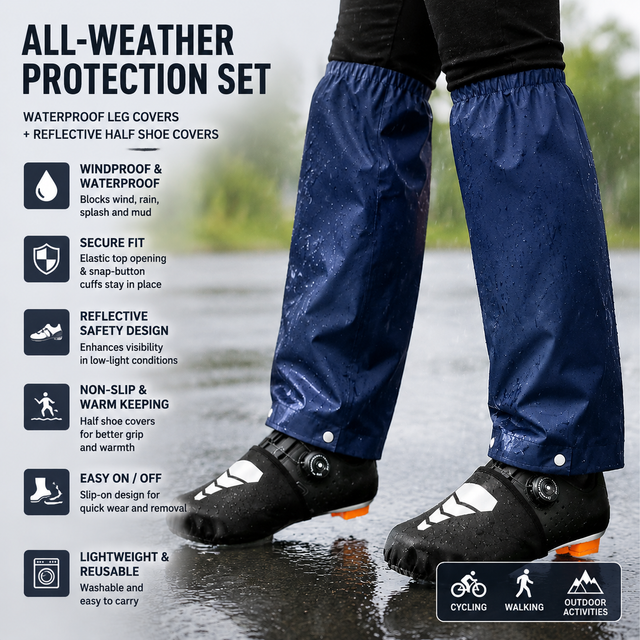 Navy Blue Waterproof Windproof Cycling Shoe Covers & Long Half Rain Pants Set โ 2 Pairs Nonslip Reflective Half Toe Shoe Covers and 1 Pair Quick Pull-On