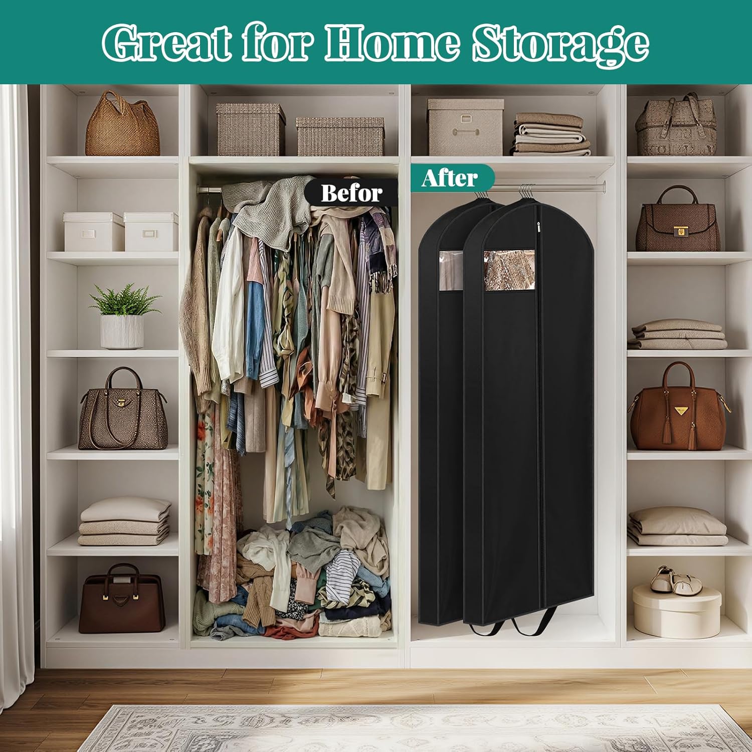65" Long Garment Bags for Travel, Dress Hanging Clothes, Wedding Cover Women, Closet Storage Gowns, Coats, Black, 4 Pack — image 6