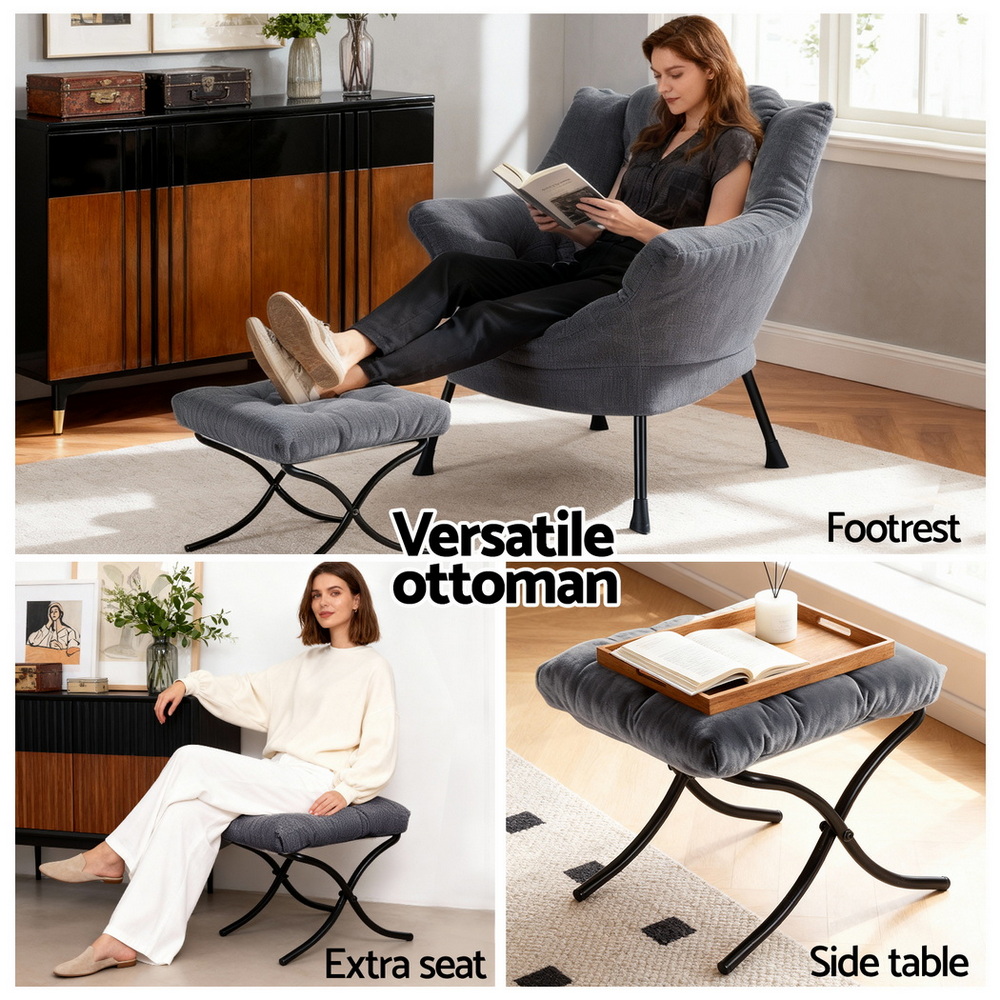 Artiss Armchair Accent Chair Ottoman Lounge Footrest Velvet Grey โ image 5