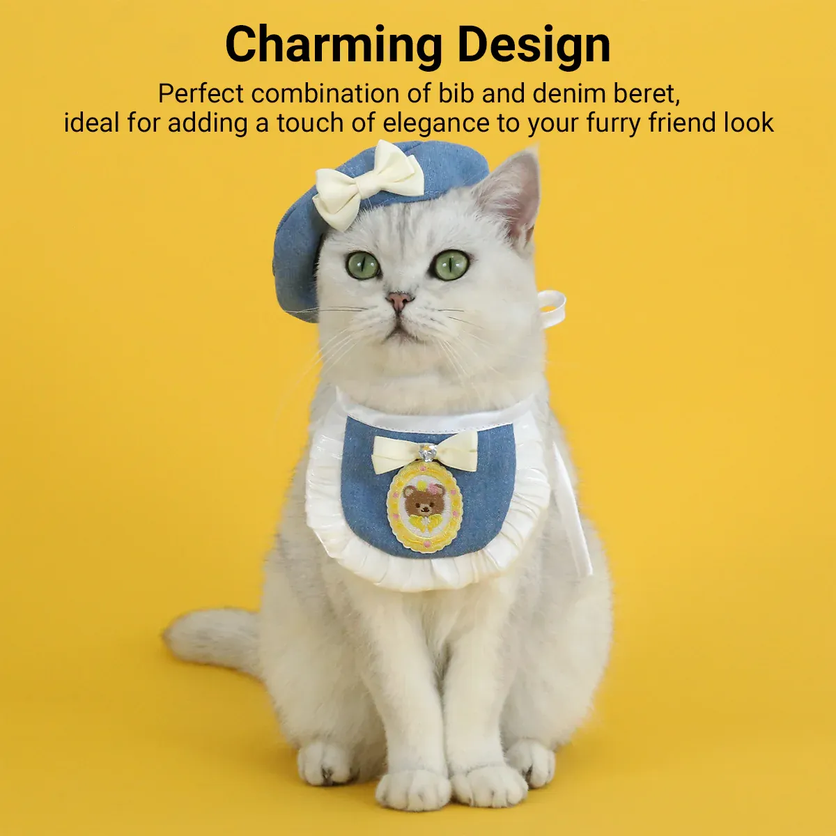 Pet Clothes Set Lace Bib with Hat Soft Cotton for Dogs Cats Wear Decoration - White — image 5