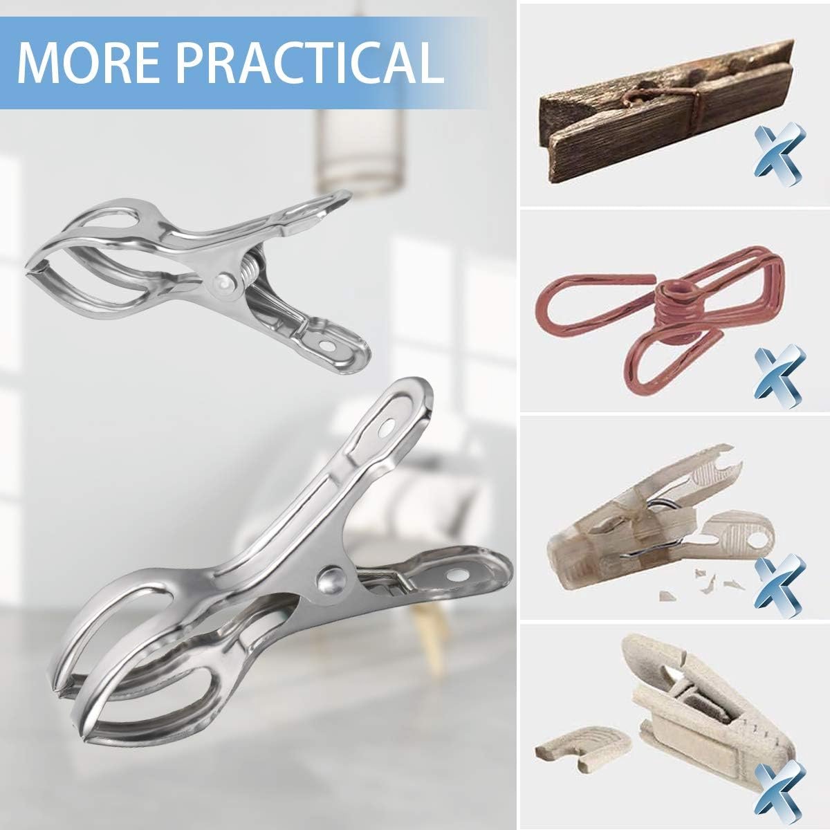 Clothes Pegs - 18 Pieces - Beach Towel Anti-Wind Pegs for Beach Chair - Stainless Steel - Large - Opening 6 Cm - Clothes Rack Pegs - Anti-Slip Clip — image 4