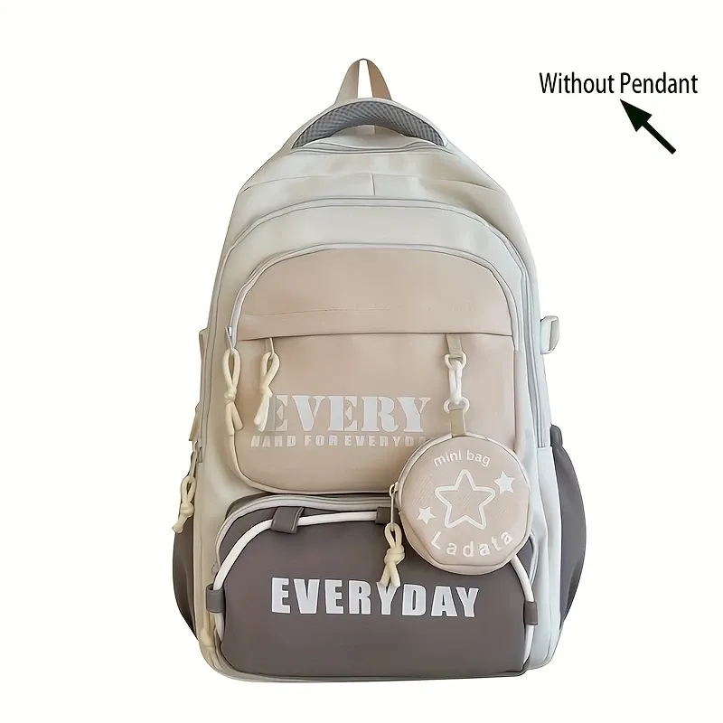 Color-Block Multi-Functional Backpack | Letter Print, Large Capacity & Splash-Resistant, Main Compartment Fits Laptop, Bonus Mini Coin Pouch, Versatile for