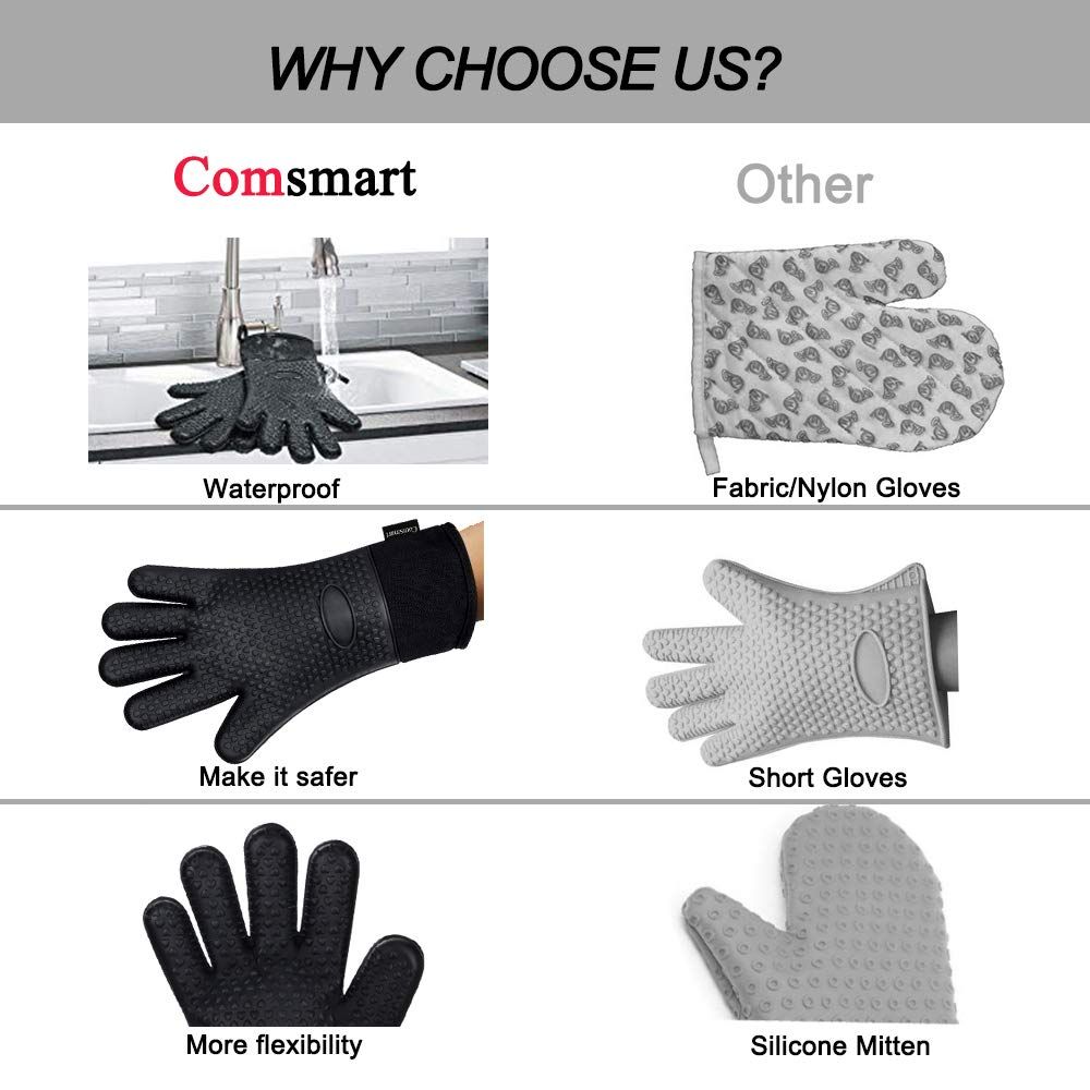 BBQ Gloves, Heat Resistant Silicone Grilling Gloves, Long Waterproof BBQ Kitchen Oven Mitts with Inner Cotton Layer (Black) — image 2