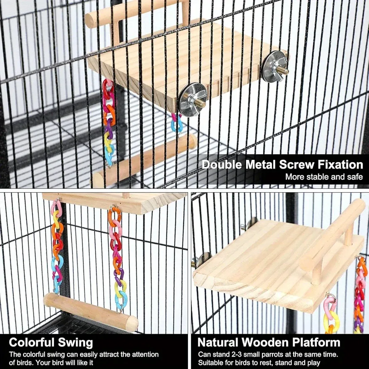 Bird Swing Parrot Cage Toy Wooden Swing with Beads and Bells Hanging Play - Chain Swing โ image 6
