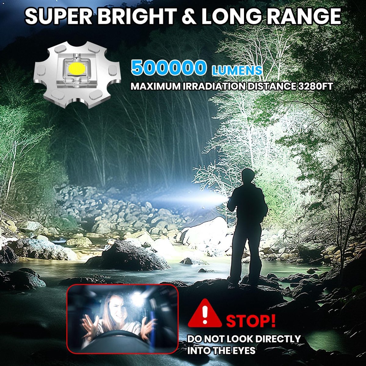 Rechargeable 50,000 lumen flashlight, long range, ultra-bright USB-C LED, long battery life, 5 modes, powerful zoomable flashlights, for emergencies, hiking — image 4