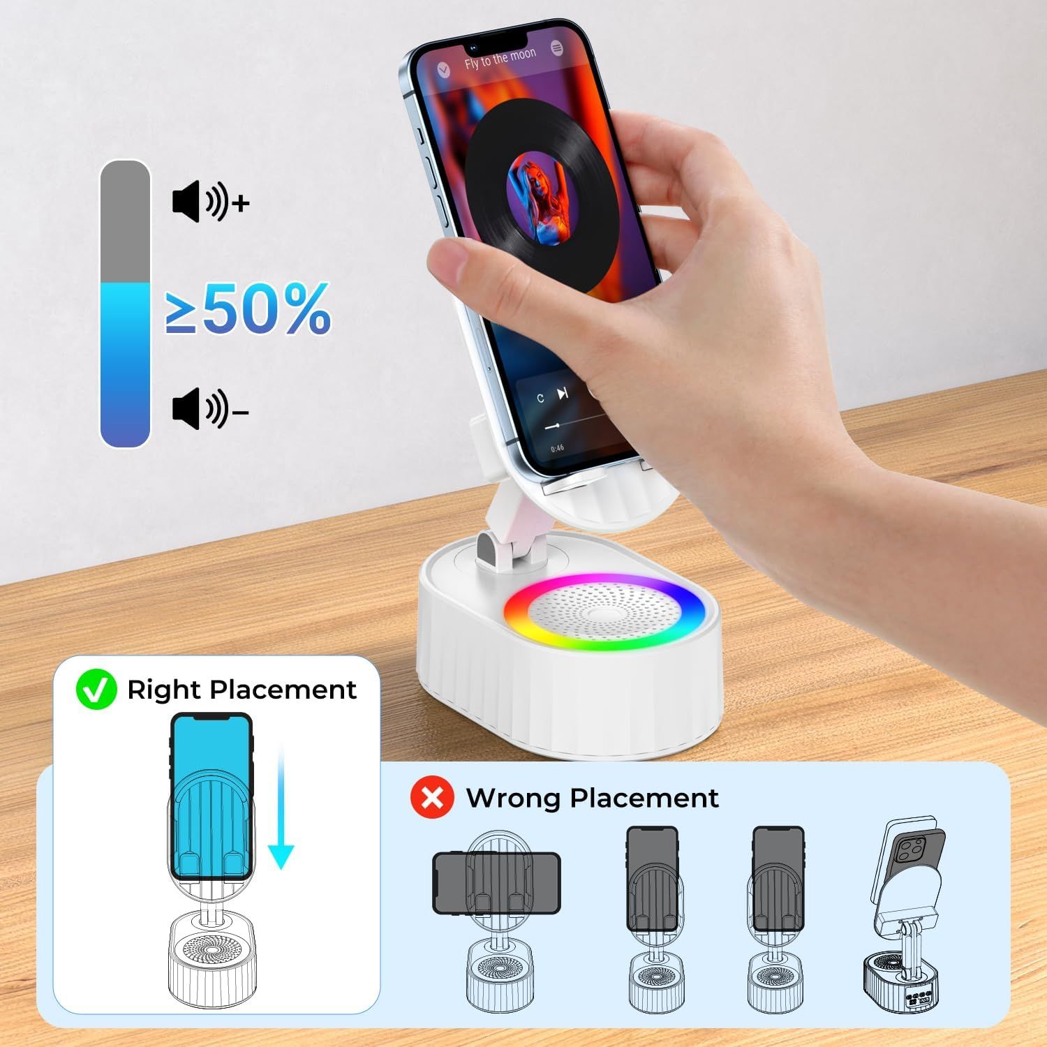 Wireless Induction Audio Bluetooth Speaker 5in1 Phone Holder Emergency Rechargeable (3000mAh) with Colorful Ambient Light 300° Foldable for Tablet iPhone — image 4