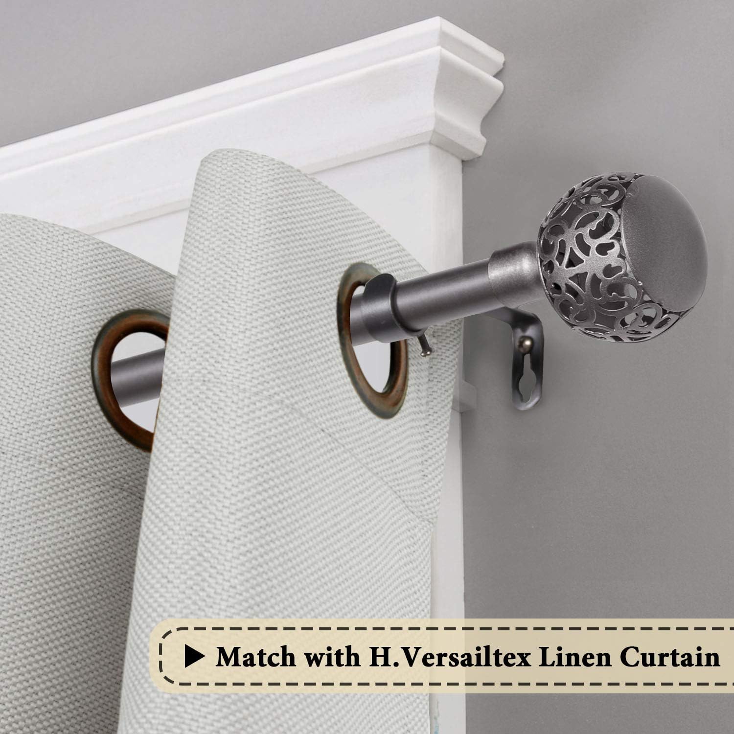 Window Treatment Single Curtain Rod Set Telescoping with Carved Hollow Ball Finials, Adjustable Length from 28 to 48-Inch, 3/4 Inch Diameter, Pewter 28"-48" — image 2