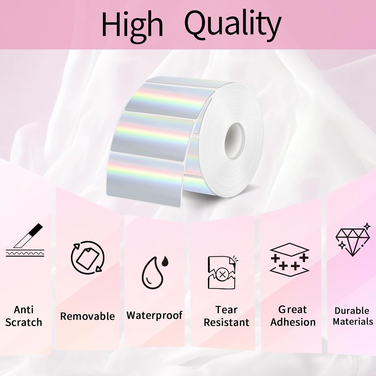 2 × 1 Inch Holographic Thermal Labels, Silver Glitter Thermal Printer Stickers, Waterproof Self-Adhesive Shipping Label Printer Sticker for Barcode, Name