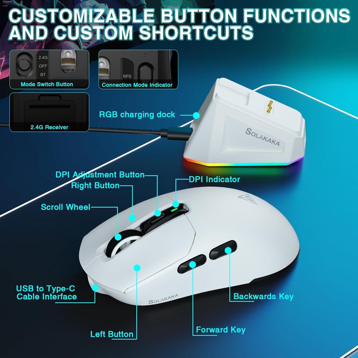 SOLAKAKA SM820 Wireless Gaming Mouse with RGB Charging Dock, 24000 DPI Tri-Modes Wireless Mouse,white — image 6