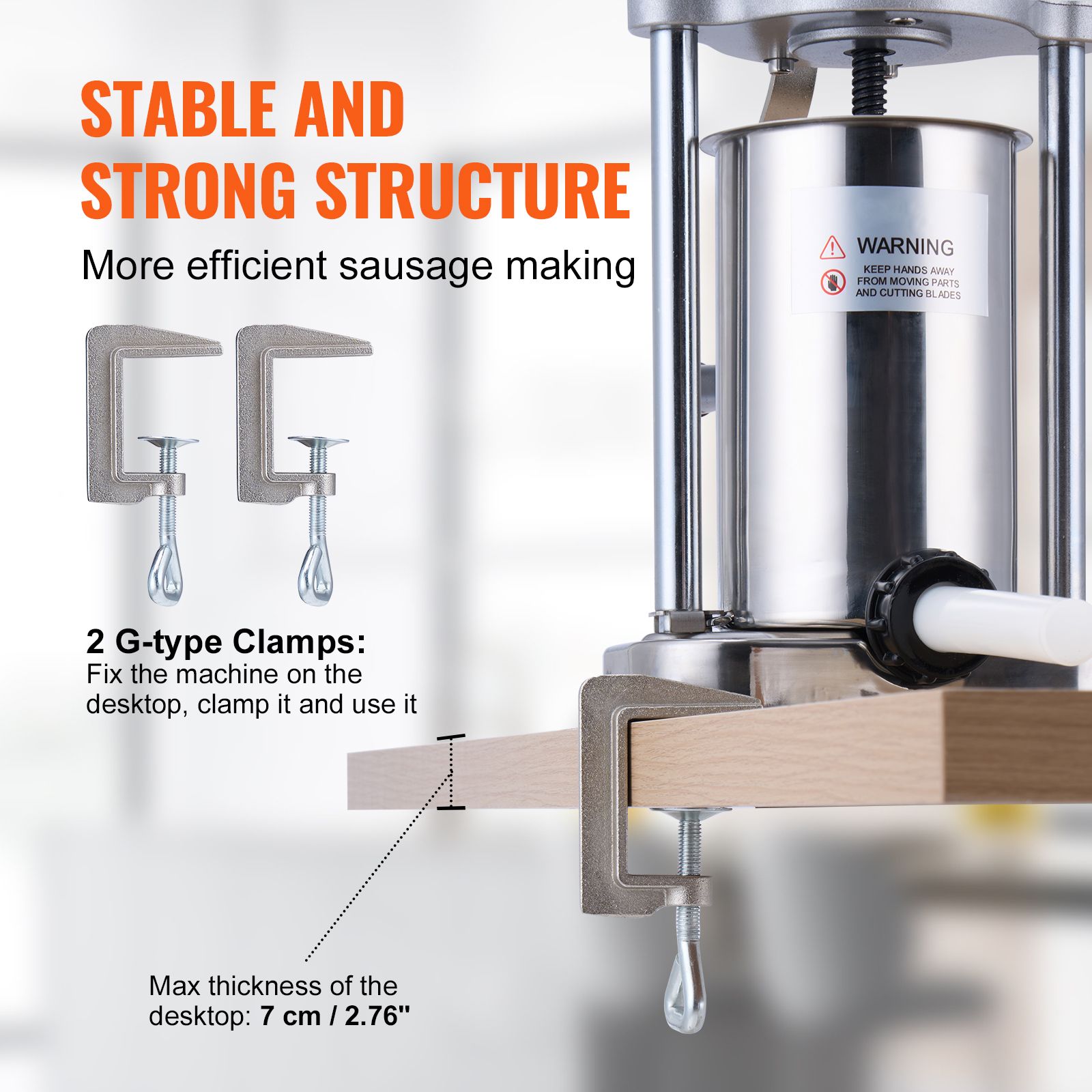 Manual Sausage Stuffer, 2 L / 5 LBS Vertical Sausage Machine with G-type Clamp, Food-Grade 304 Stainless Steel Barrel with 2 Stuffing Tubes, for Home Kitchen — image 3