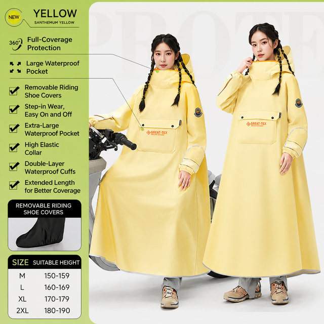 Yellow Full Coverage & Extended Cycling Hooded Rain Poncho with Detachable Shoe Covers, L Size – Thickened Waterproof Oxford Motorcycle Raincoat with