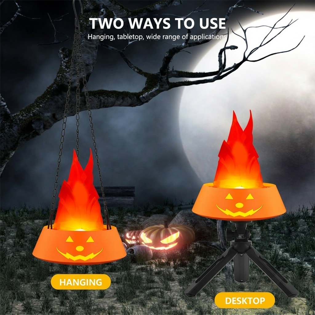 LED Halloween Jack-o'-Lantern Flame Effect Lamp with Dancing Silk Fabric Flame, Rechargeable Atmosphere Light for Party, Bar, Camping, and Home — image 6