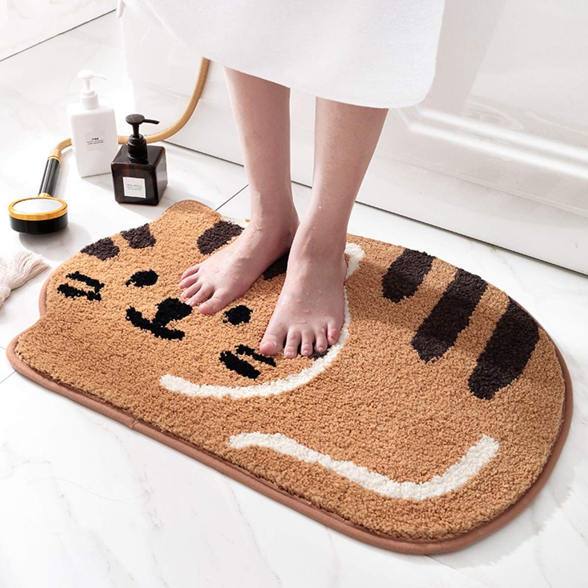 Shower, Tub, Bath Mat,Absorbent, Soft Mat for Bathroom, Adorable Design Cat-Picture Bath Mat Door Mat Dry Carpet, 18" x 26", Khaki — image 5