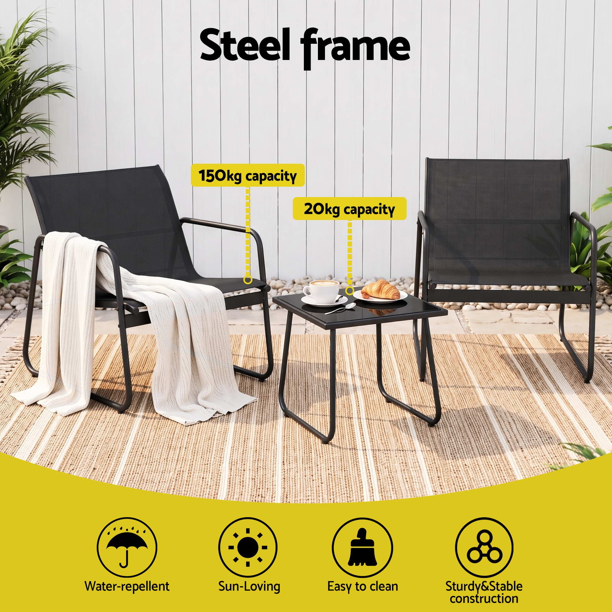 Gardeon Outdoor Bistro Set 3 Piece Patio Furniture Textilene Chairs Glass Table โ image 4