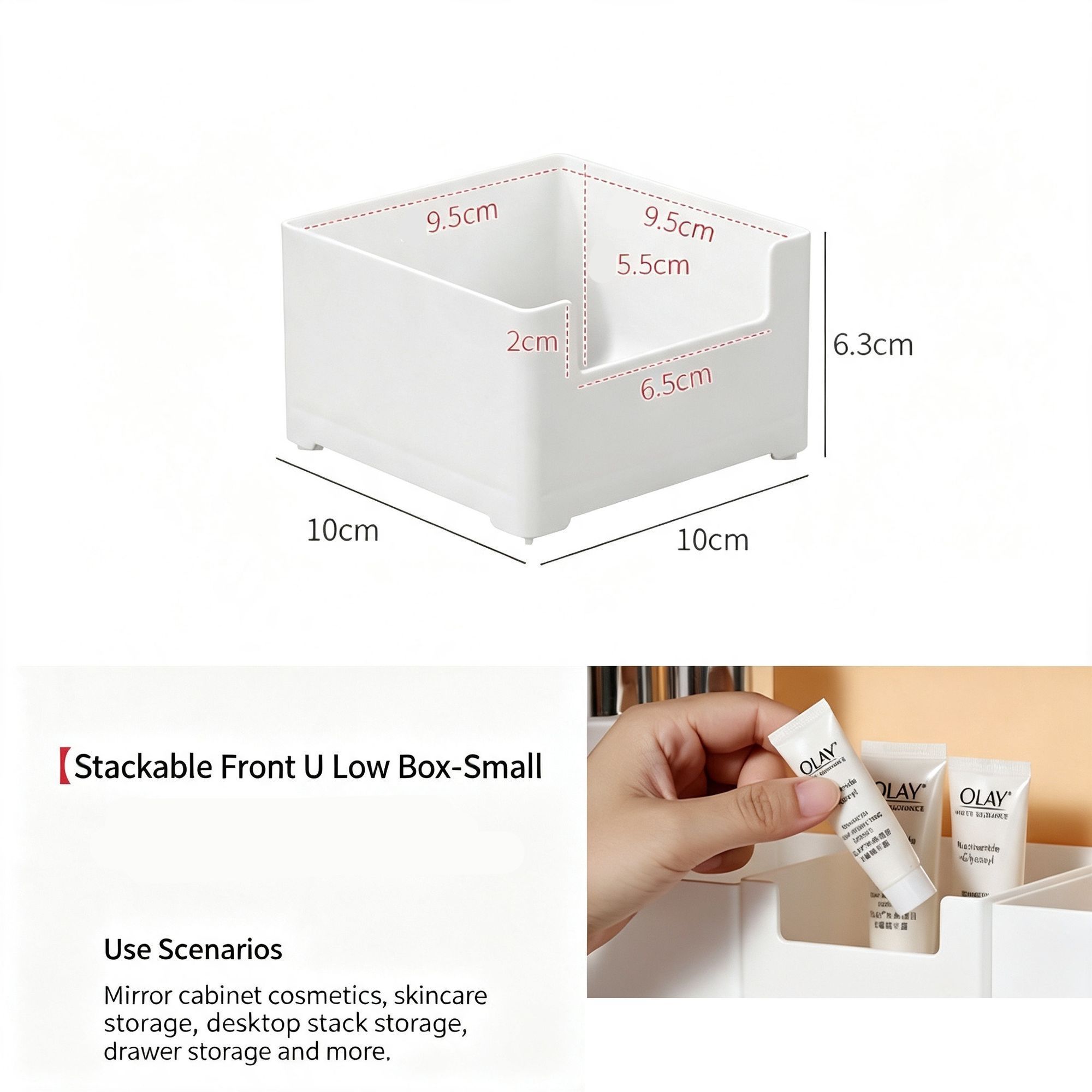 White Low U-Shaped Storage Box, Small Size Acrylic Cosmetic Tray For Vanity