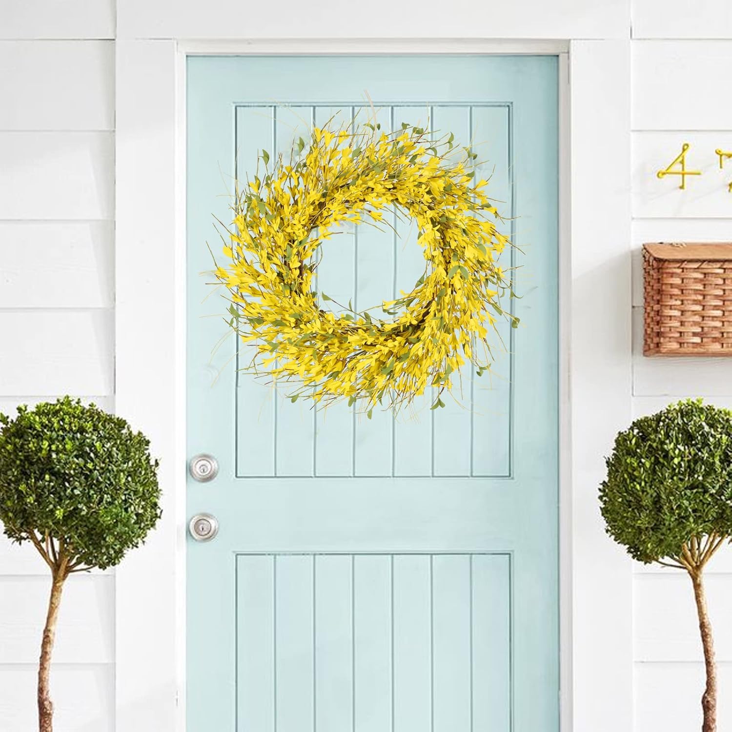 24" Spring Wreaths for Front Door Artificial Forsythia Flower Wreath on Grapevine Yellow Wreath with Green Leaves Silk Floral Wreath for Home Indoor Wall — image 3