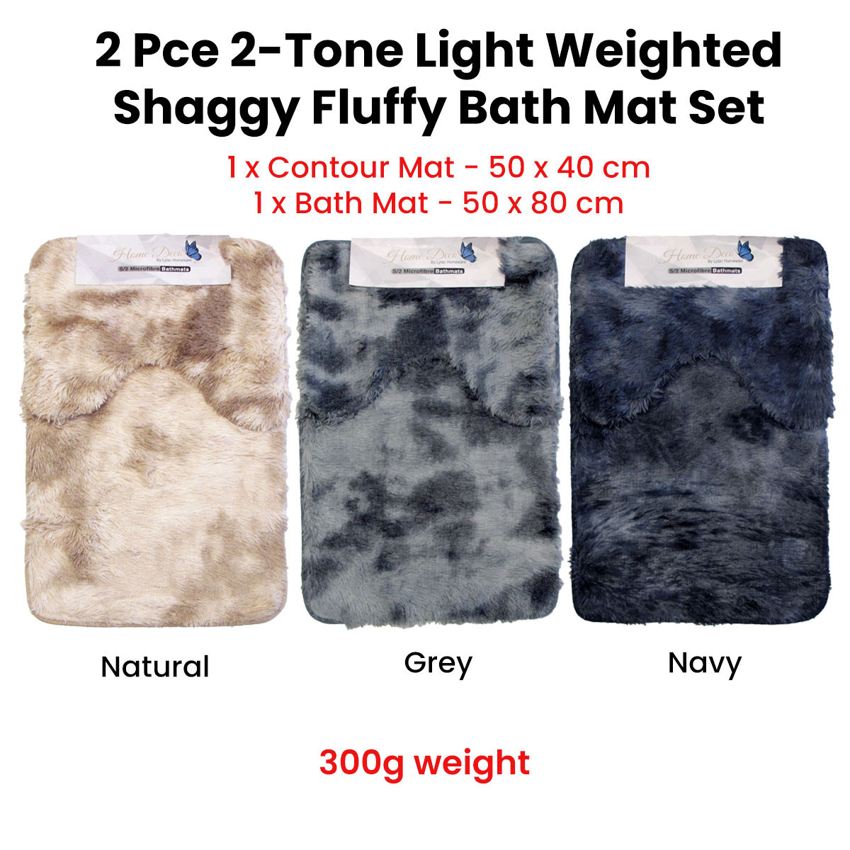 2 Pce 2-Toned Extra Light Weighted Shaggy Fluffy Bath Mat Set Grey — image 2