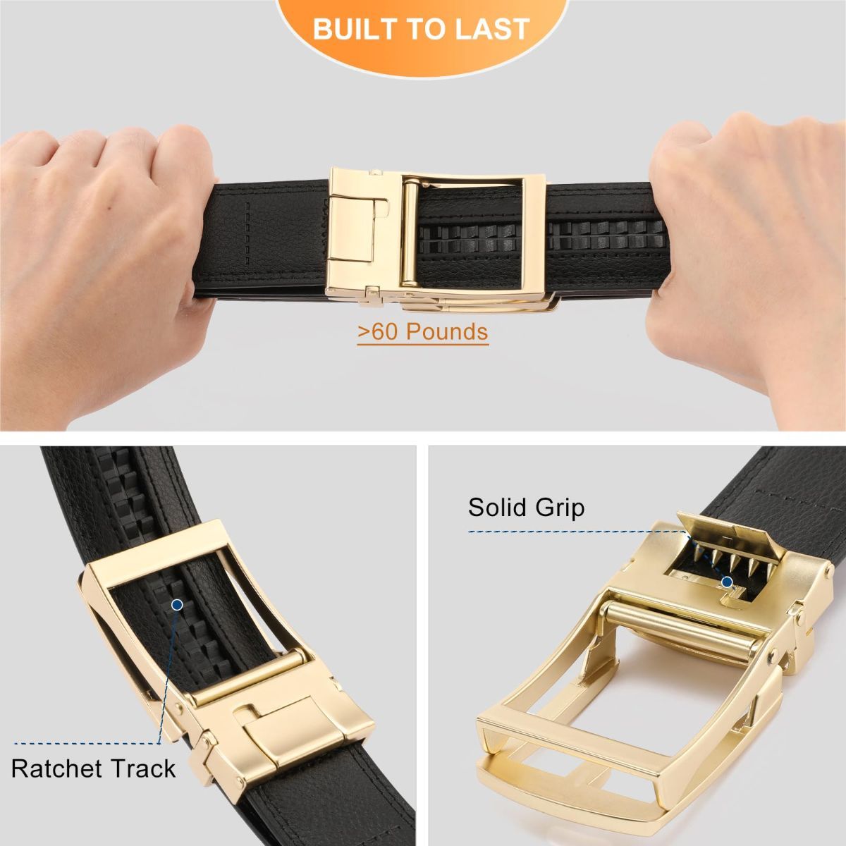 Ratchet Belt for Men Genuine Leather - Micro-Adjust Buckle Trim to Fit Dress Belt Casual to Formal Gift Boxed - Basic Gold - Black - Size 28"-44" Waist — image 3