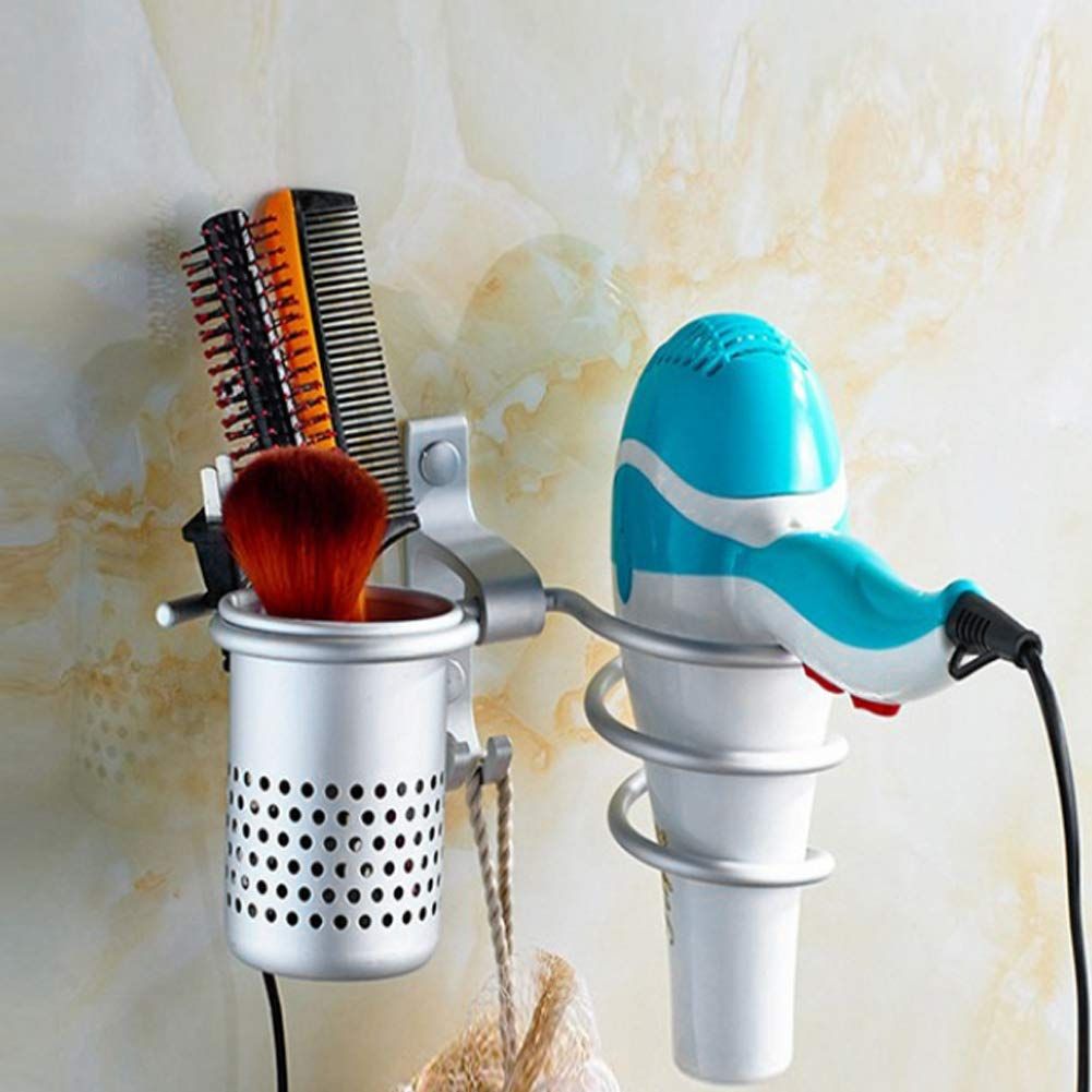 Aluminum Storage Holder Wall Mount Hair Dryer Holder Wall Phone Holder with Fixing Screws for Hair Dryer(Silver) — image 3