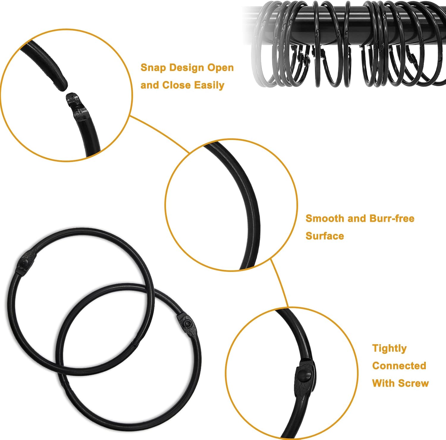 Shower Curtain Hooks - 24-pack - Stainless Steel - Multifunctional - Open Rings - Smooth Sliding - Round - Black - Shower Curtain Rings - Push Button Design — image 3