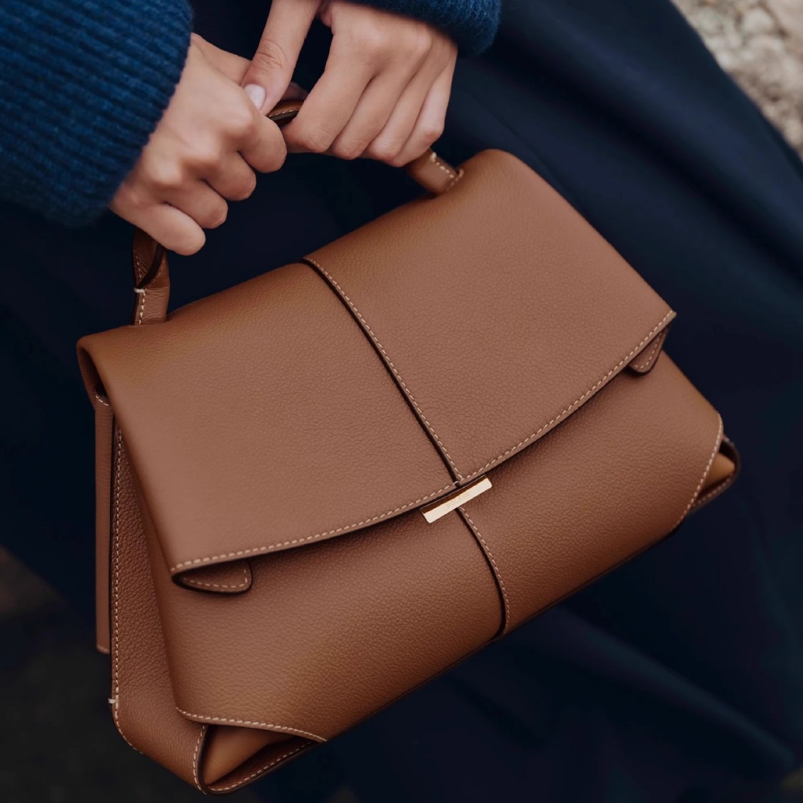 Khaki Elegant Womens Genuine Cowhide Leather Top Handle Satchel - Chic Flap Crossbody Shoulder Bag — image 4