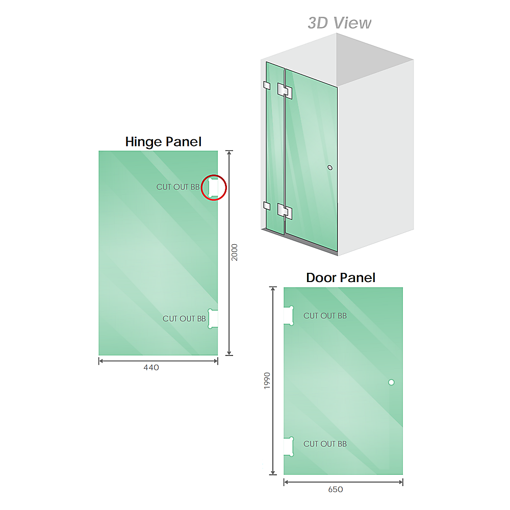 110cm Frameless Wall-to-Wall Shower Screen with Black Brackets & Brass Hinges โ U-Brackets and Floor U-Bracket โ image 3