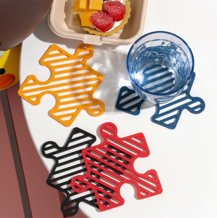 4 Pcs Creative Puzzle Shaped Heat Resistant Table Mat Set Insulated Coasters for Cups Bowls Pots Plates (Red Blue Orange Black,3.7x4.7 Inch) โ image 5