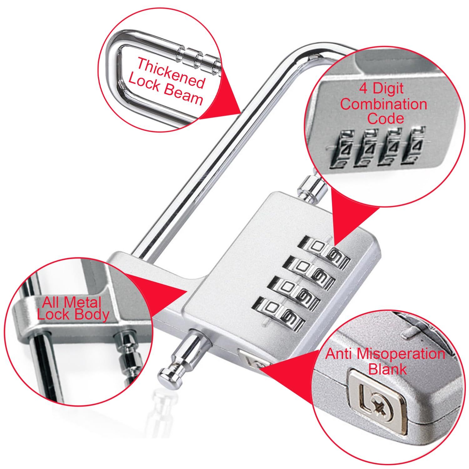 Cabinet Lock,Combination Padlock,U Shaped Padlock,Stainless Steel Gym Locker Lock Code Long Adjustable Shackle Lock (Silver) â image 4