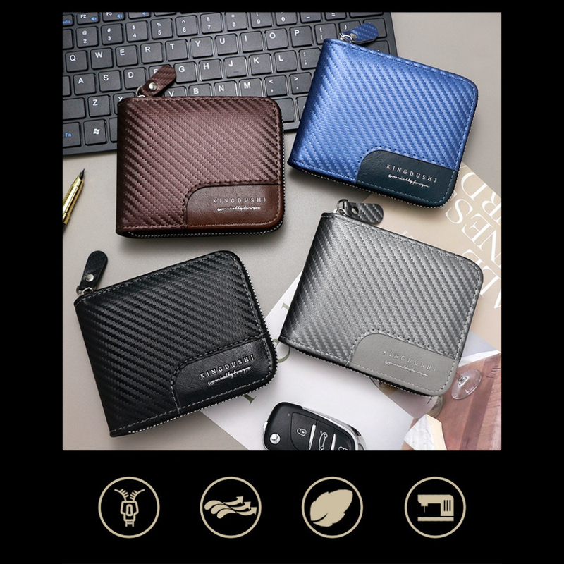 Full-Zip Carbon Fiber PU Wallet for Men, Multi-Card Slot Snap Coin Purse with ID Photo Window - Silver โ image 5