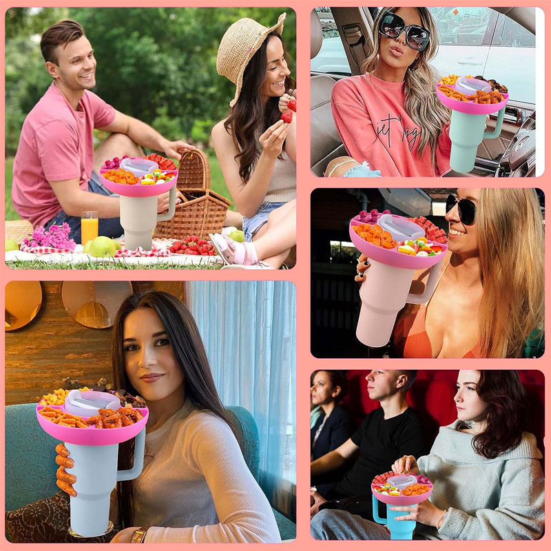 2 Pack Pink Snack Bowl for Stanley 40oz Tumbler with Handle Reusable Silicone Snack Ring Divider Tray for Movie Night Road Trip and Camping — image 3