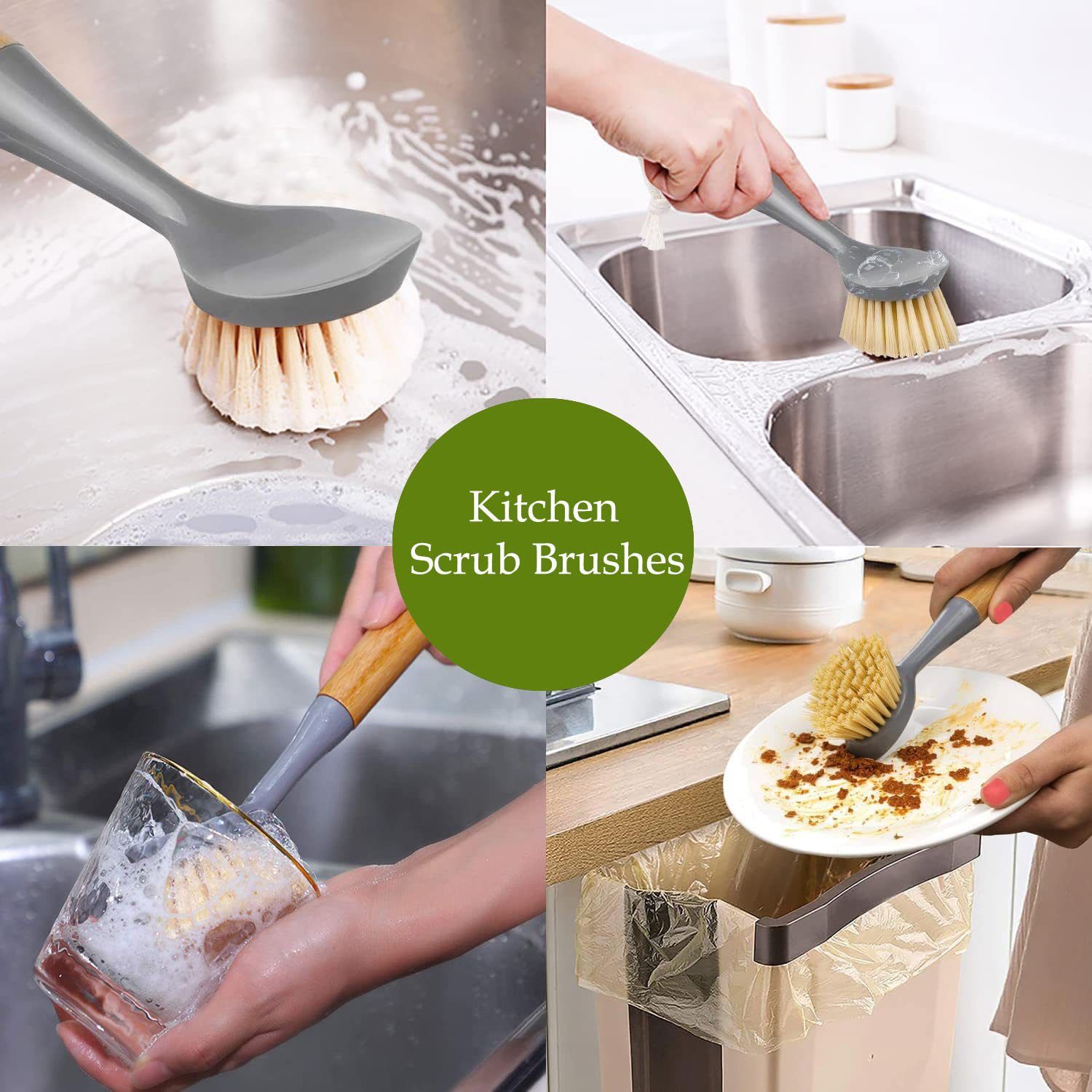 2 Pack Kitchen Dish Brush Bamboo Handle Dish Scrubber Built-in Scraper, Scrub Brush for Pans, Pots, Kitchen Sink Cleaning — image 4