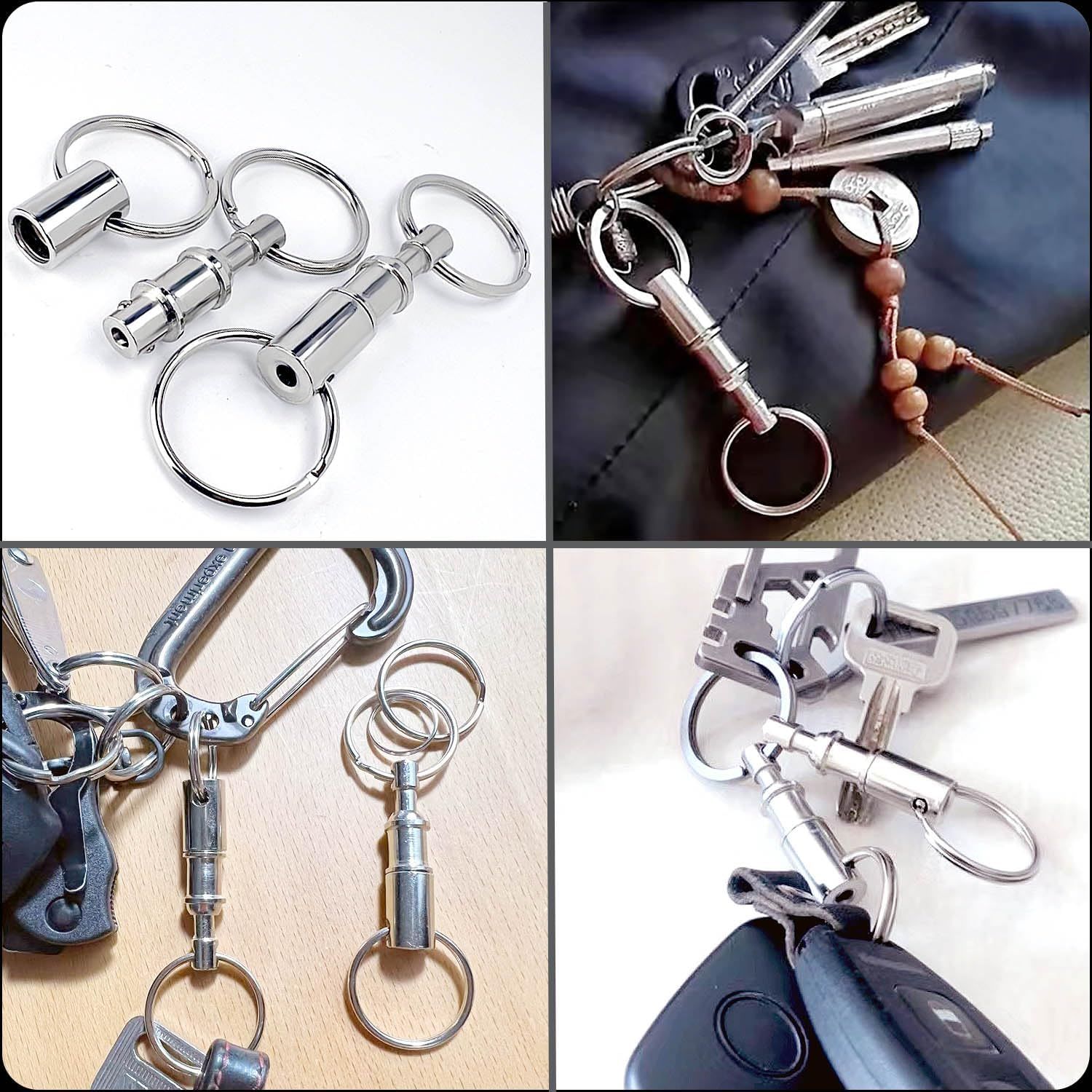 4 Pack Detachable Quick Release Keychains, Dual Pull Apart Metal Key Rings for Car Keys, Lanyards, Bags and Everyday Carry, Silver — image 3
