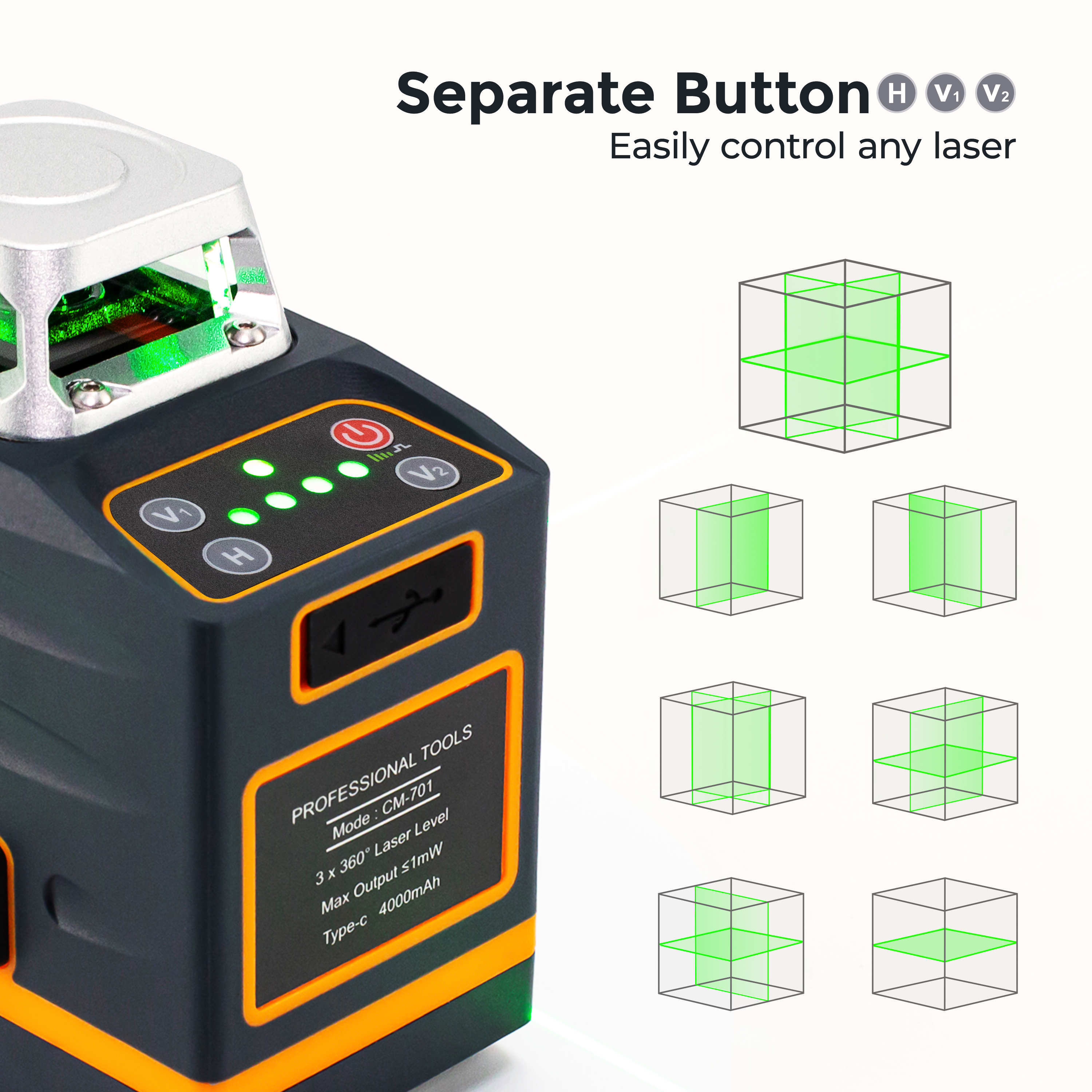 CIGMAN Laser Level Self Leveling 3x360° 3D Green Cross Line for Construction and Picture Hanging, Rechargeable battery, Remote Controller, Magnetic Rotating — image 5