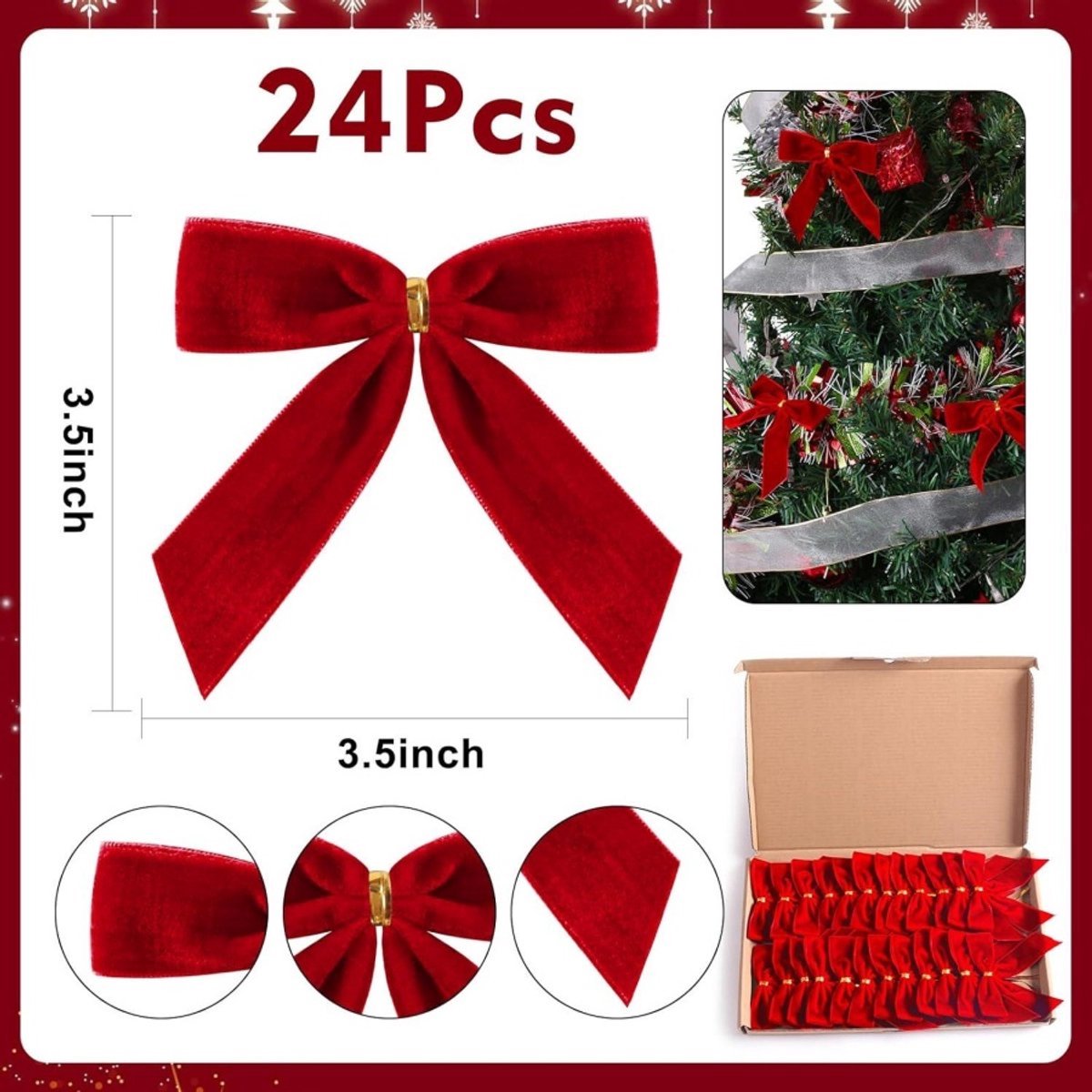 24 Piece Velvet Christmas Bows - Glitter - Christmas Decoration Bows - Christmas Ornaments - Christmas Tree Decoration - Christmas Bows - Christmas Atmosphere — image 4