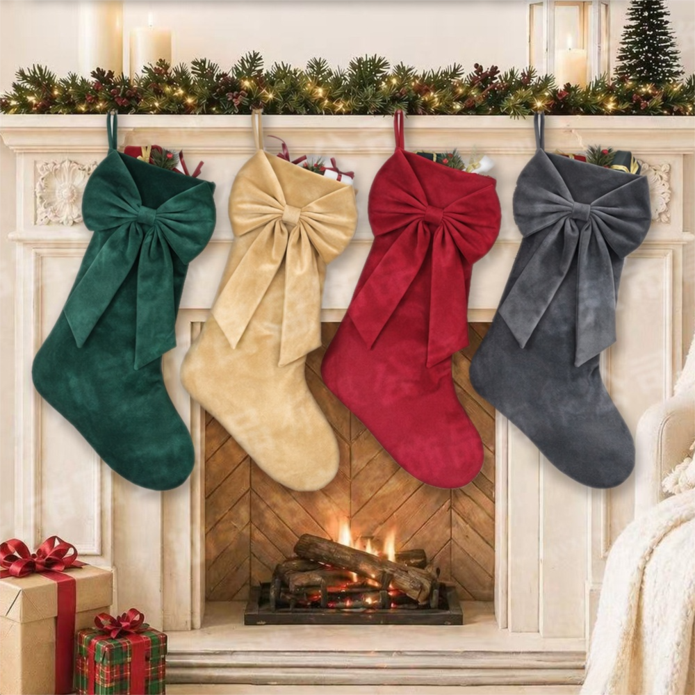 18 Inch Oversized Watermelon Red Luxury Velvet Christmas Stocking with Bow & Loop, Fireplace Hanging Gift Bag, Holiday Mantel Decor and Present Holder — image 4